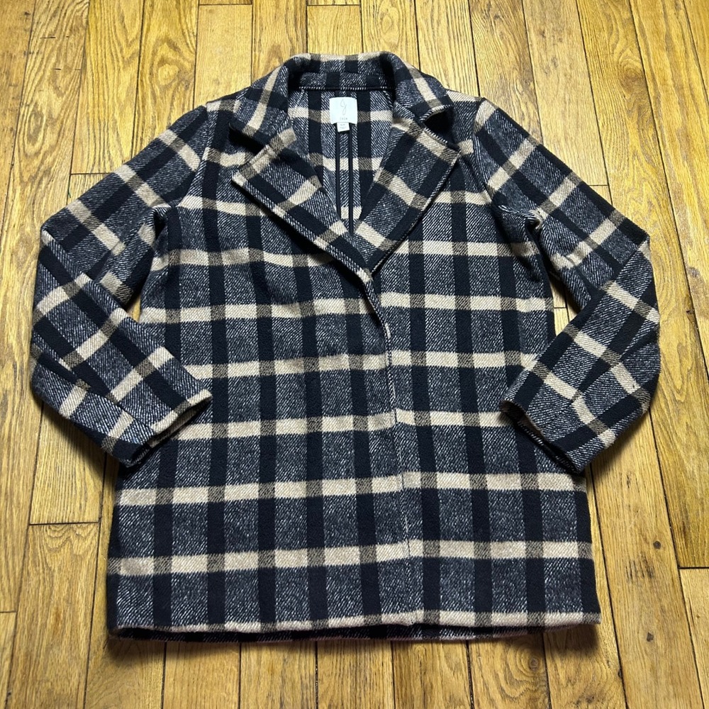 Joie Plaid Wool Blend Coat Black Tan Checkered Notch Lapel Jacket Small S/P